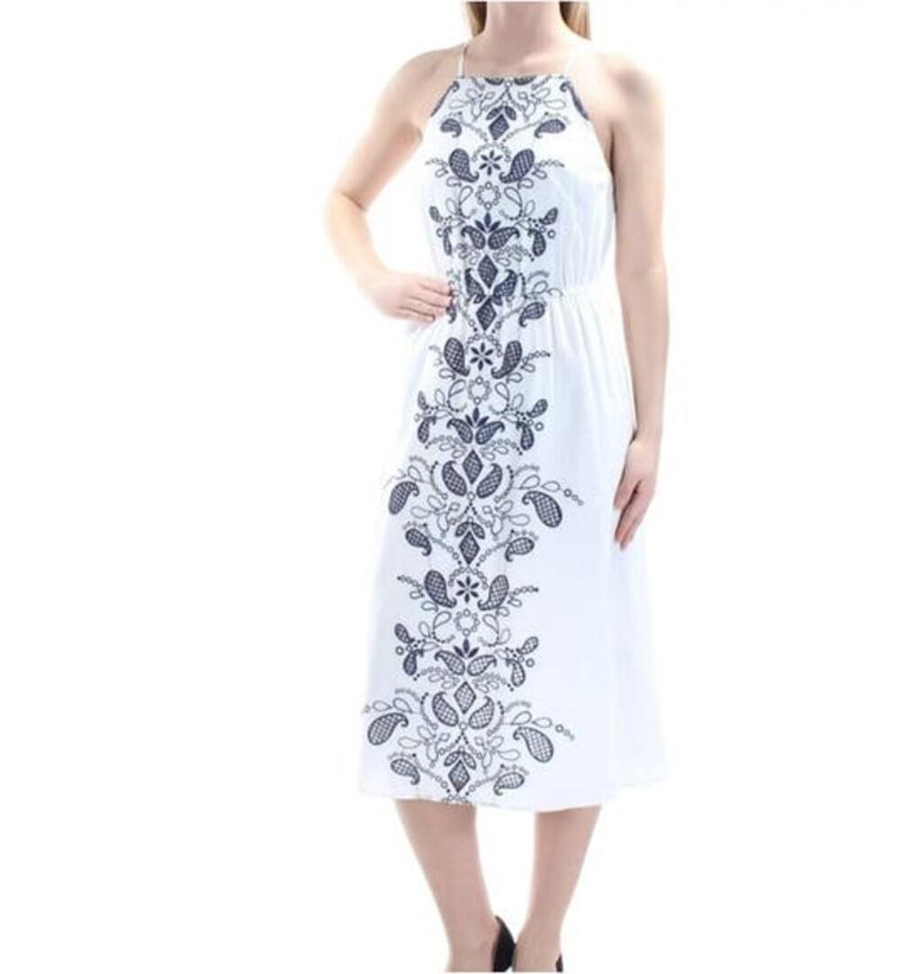 Maison Jules White with Navy Embroidery Sleeveless Midi Dress NEW size Small